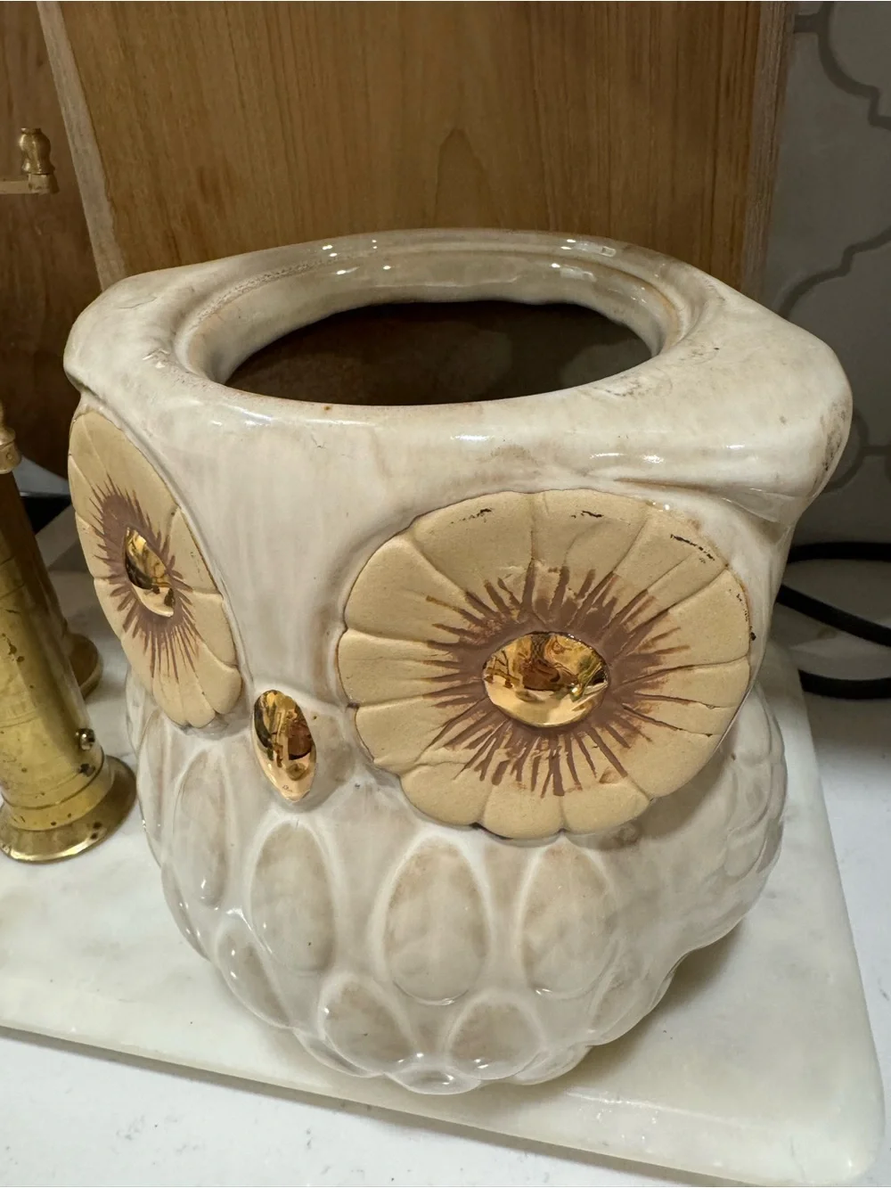 World Market Ceramic Owl Cookie Jar, Light Brown/ Cream with Gold